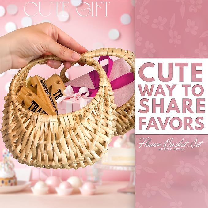 Small Flower Girl Basket Set of 2 - Small Wicker Basket with Handle and Waterproof Lining 6.3" x 5.12" x 3.75" - Tiny Easter Baskets with Rattan Design for Flowers, Sweets, Gifts, Home Decor & Storage