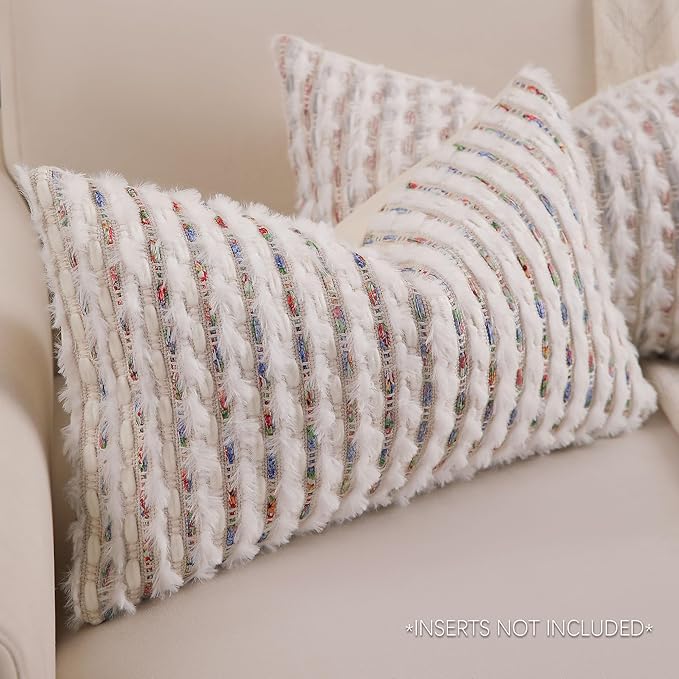 Boho Lumbar Pillow Cover 12x20 Inch Pack of 1 Farmhouse Rectangle Decorative Couch Throw Pillow Cover Colorful Chenille Tufted Striped Pillowcase for Living Room Sofa Bed