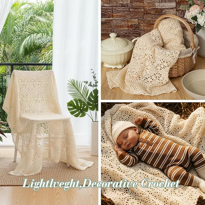 Tegeme Boho Throw Blanket 50"x60" Vintage 100% Handmade Crochet Cotton Throw Blankets, Lightweight Lace Knit for Couch, Bed Decor, Boho Photo Prop, Valentines Gifts for Women