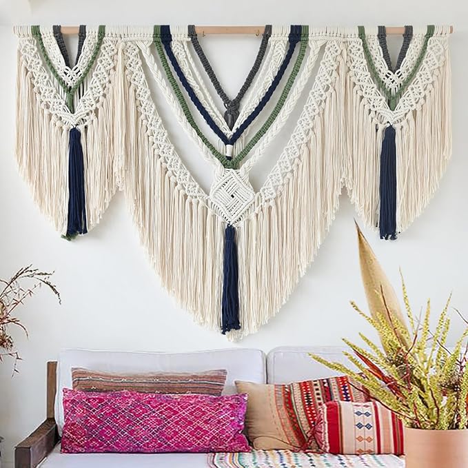 Jakalin Large Macrame Wall Hanging Boho Wall Decor 47" W x 35" L Handmade Craftmanship Yarn Wall Art For Bedroom Living Room Scandinavian Home Decor