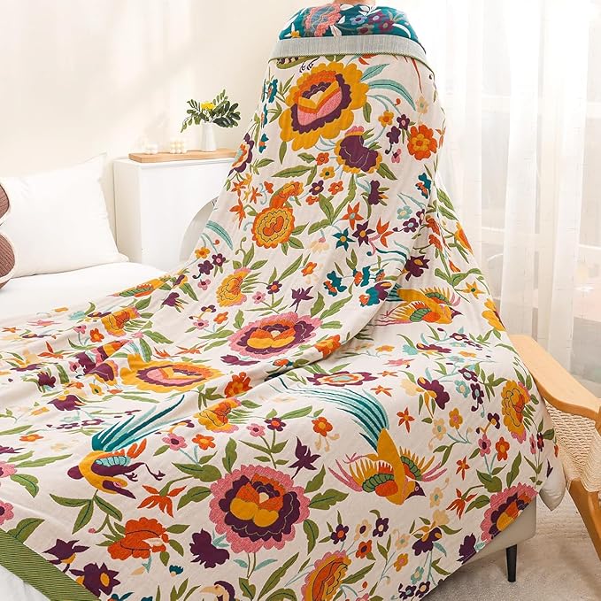 Boho Throw Blanket for Home Decor,Ultra Soft Throw Rustic Classic Quilt,100% Cotton Muslin Blankets for Adults, Reversible Woven Decorative Blanket for Bed Layering Use,Bid & Floral, 50"x60"