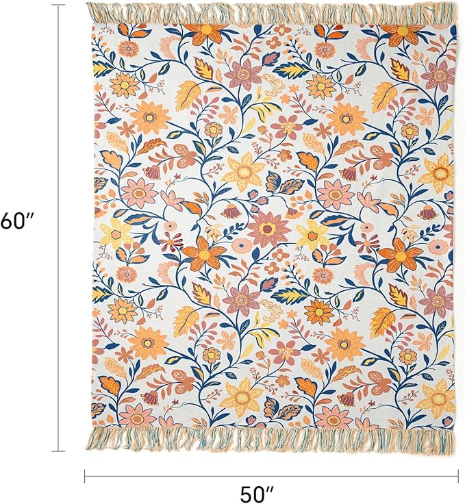 100% Cotton Boho Throw Blanket for Home Decor – Classic Farmhouse Quilt Bedding, Muslin Blankets for Adults, Vintage Woven Decorative Blanket for Couch, Bed Layering Use, Botanic Floral, 50"x60"