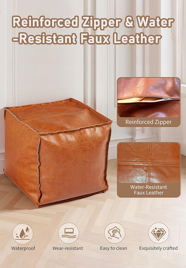 Unstuffed Pouf Ottoman Cover – Durable Faux Leather, Scratch-Resistant & Easy to Clean – Modern Square Pouf Cover with Storage and Functionality, Ideal for Apartment Living