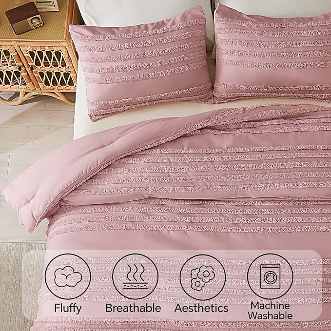BEDELITE Boho King Size Comforter Set - Dusty Pink Tufted Striped Bed Set 3 Pieces, Soft Vintage Farmhouse Comforter for All Seasons, Boho Home Decor,Fluffy Jacquard Bedding with Pillow Sham