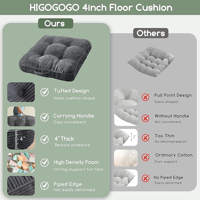 HIGOGOGO Floor Pillow Cushion for Adults, Meditation Cushion Pillow, Large Square Floor Sitting, Tufted Corduroy Cover, for Tatami Living Room or Yoga, 22x22 Inch, Dark Grey