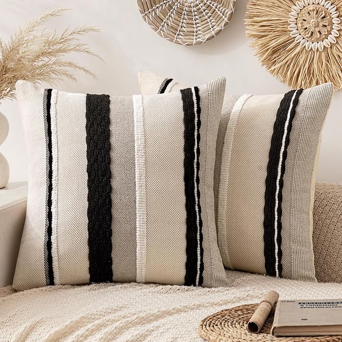 ANRODUO Pack of 2 Boho Decorative Throw Pillow Covers 20x20 Farmhouse Cushion Case Striped Chenille Pillow Cases Square Pillow Covers Accent Neutral Pillowcase for Sofa Couch Bed, Black-White Stripe 2