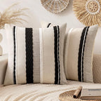 ANRODUO Pack of 2 Boho Decorative Throw Pillow Covers 20x20 Farmhouse Cushion Case Striped Chenille Pillow Cases Square Pillow Covers Accent Neutral Pillowcase for Sofa Couch Bed, Black-White Stripe 2