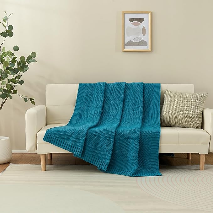 Knitted Throw Blanket 50"X60", Teal Knit Throws for Bed, Super Soft Boho Chevron Blankets for Couch Sofa Chair Room Decor, Textured Decorative Farmhouse Cozy Lightweight