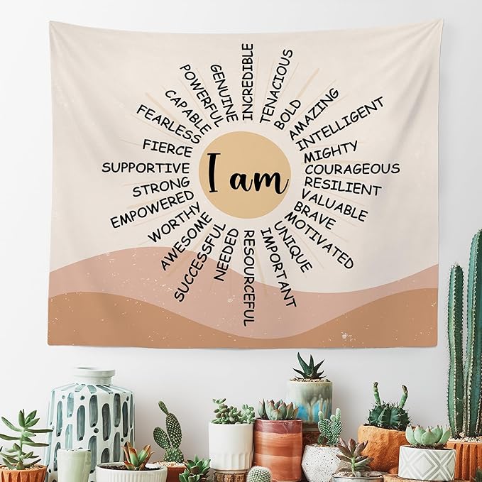 MNOSAIOO Inspirational Boho Sun Wall Tapestry Hanging for Classroom Kids, I Am Brave Important Tapestry, Motivational Mental Health Tapestries Wall Decor for Bedroom Therapy Office Home 60x50 inch