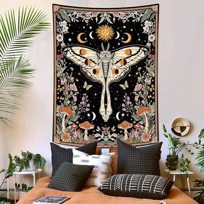 Aipon Boho Moth Tapestry Vintage Floral Flowers Tapestries Aesthetic Retro Mushroom Tapestries for Bedroom Sun and Moon Indie Large Tapestry Wall Hanging for Living Room Dorm 80 x 60 Inch
