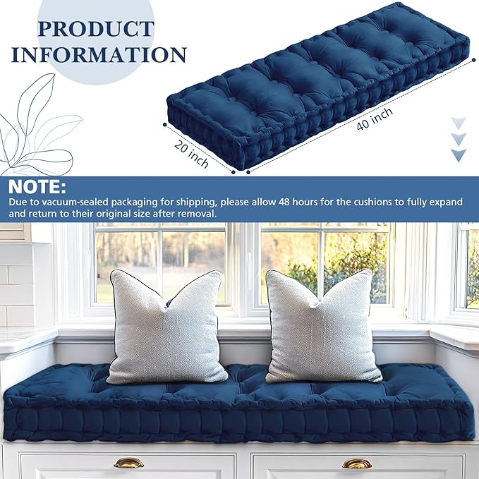 Bench Cushions for Indoor Furniture 40x20 in Velvet Kitchen Dining Piano Window Seat Cushion, Tufted Patio Porch Swing Thicken Bench Pad Memory Foam (Royal Blue)