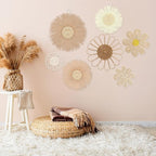 Chunful 7 Pcs Boho Wall Basket Decor Rattan Flower Wall Decor Nursery Daisy Flower Woven Macrame Hanging Flowers for Baby Kids Girls Farmhouse Bedrooms Living Rooms Kitchen Home(Light Beige Yellow)