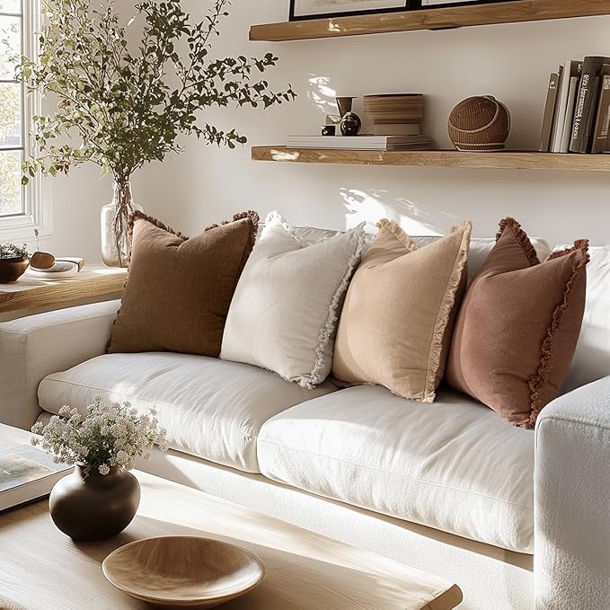 MIULEE Decorative Couch Pillow Covers Neutral Linen Fringe Throw Pillows Set of 4 Accent Rustic Cushions Boho Farmhouse Pillowcases for Bed Sofa Living Room Spring Home Decor 20x20 Inch Beige/Brown