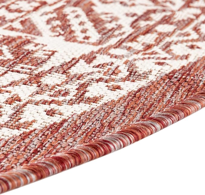 Rugs.com Outdoor Aztec Collection Rug – 6 Ft Round Rust Red Flatweave-Pile Rug Perfect for Kitchens, Dining Rooms