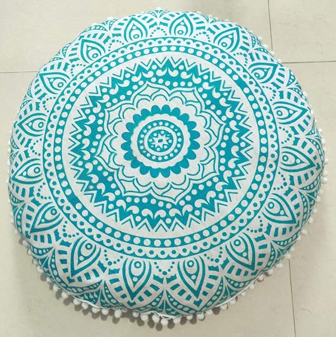 INDIAN CRAFT CASTLE 24" Green Ombre Mandala Barmeri Large Floor Pillow Cover Cushion Meditation Seating Ottoman Throw Cover Hippie Decorative Zipped Bohemian Pouf Ottoman Pom Pom Cases 24" Round