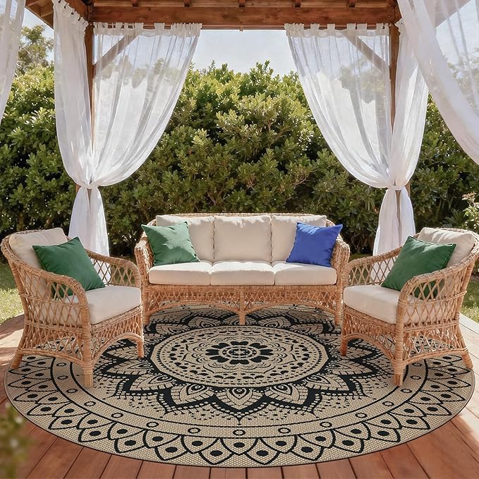 Outdoor Round Rug 8ft, Easy Jute Rug Washable Indoor Outdoor Patio Rug, Non Slip Round Area Rug Farmhouse Front Door Mat,Boho Lightweight Carpet for Backyard Patio Entry (Black,8 Ft)