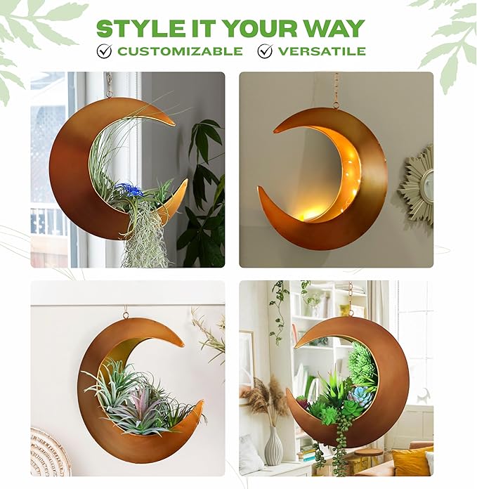 Hanging Crescent Moon Planter - Moon Room Decor - Unique Planters for Succulents, Air Plants, Cactus, Artificial Plants- Plant Lover Gifts - Boho, Hippie, Birthdays, Witchy Gifts for Women (Gold)