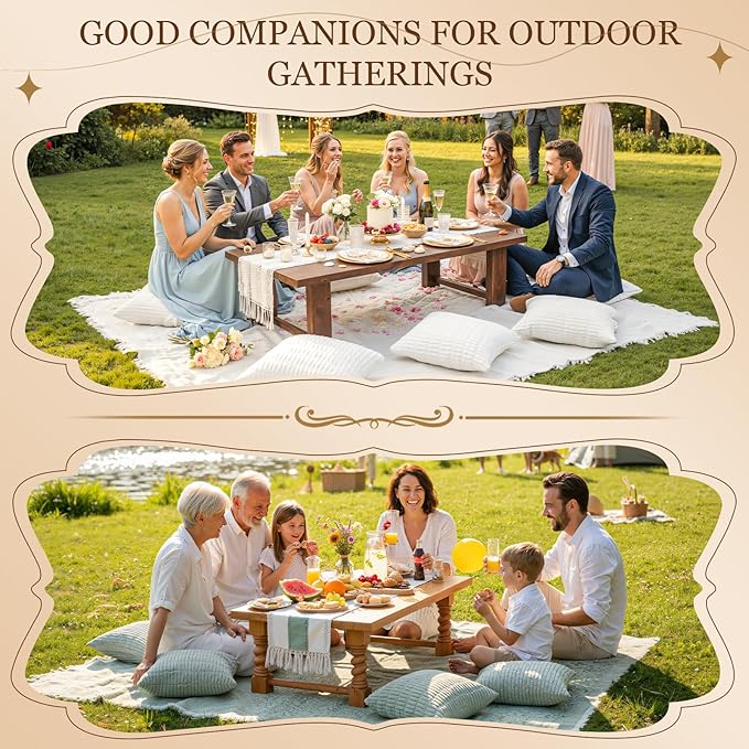 Extra Large Outdoor Boho Picnic Blanket with Table Runner and 6 Throw Pillows Covers for Outdoor Essentials Beach Accessories Basket Set Oversized Manta Yard Outside Mat Wedding Party Decor Sage Green