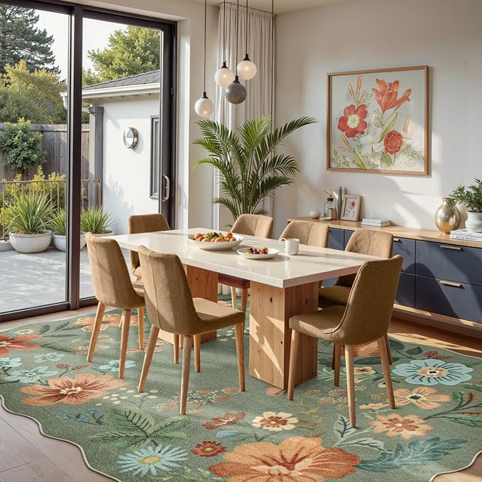 Lahome Floral Washable 6x9 Area Rugs, Soft Bedroom Rug for Living Room Ultra-Thin Non Slip Dining Room Rug, Stain Resistant Boho Green Rugs Throw Carpet for Office Flore (6'x9',Green)