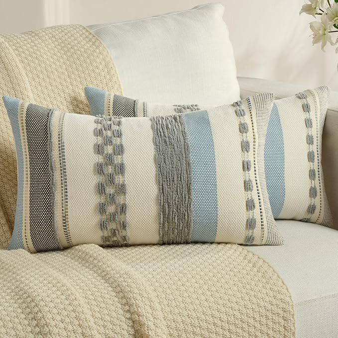 FUTEI Grey Decorative Throw Pillow Covers 12x20 Inch Set of 2, Soft Tufted Striped Textured Accent Pillow Case,Boho Pillows for Couch Decor