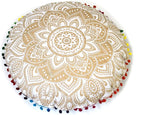 Round Mandala Floor Pillow Cover Seating Cushion Throw Cover Hippie Decorative Bohemian Ottoman Pouf Cover, Pom Pom Pillow Cases,Boho Indian 22 Inches (Gold)