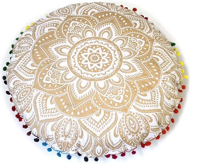 Round Mandala Floor Pillow Cover Seating Cushion Throw Cover Hippie Decorative Bohemian Ottoman Pouf Cover, Pom Pom Pillow Cases,Boho Indian 22 Inches (Gold)