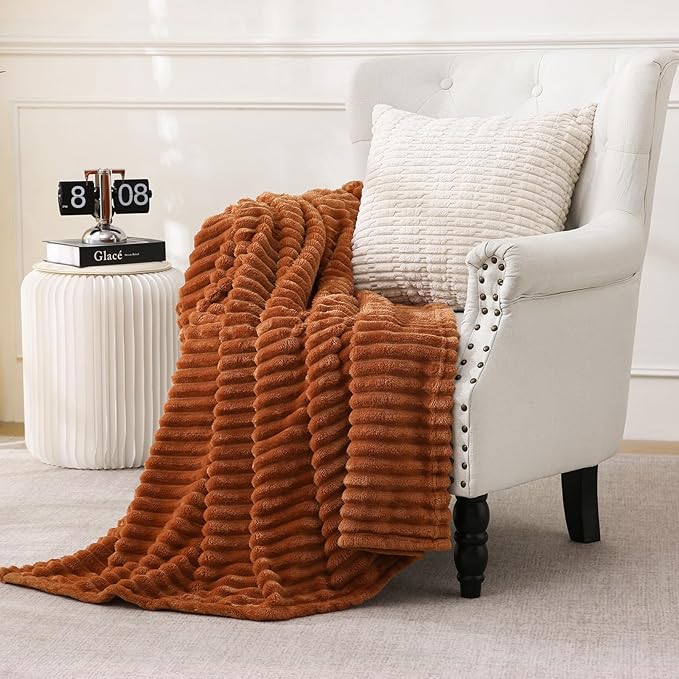 Burnt Orange Fleece Throw Blanket 50”×60” for Couch Sofa Bed,Super Soft Cozy Plush Microfiber Flannel Blanket with Stripes Design Lightweight for Adults,Woman,Girls