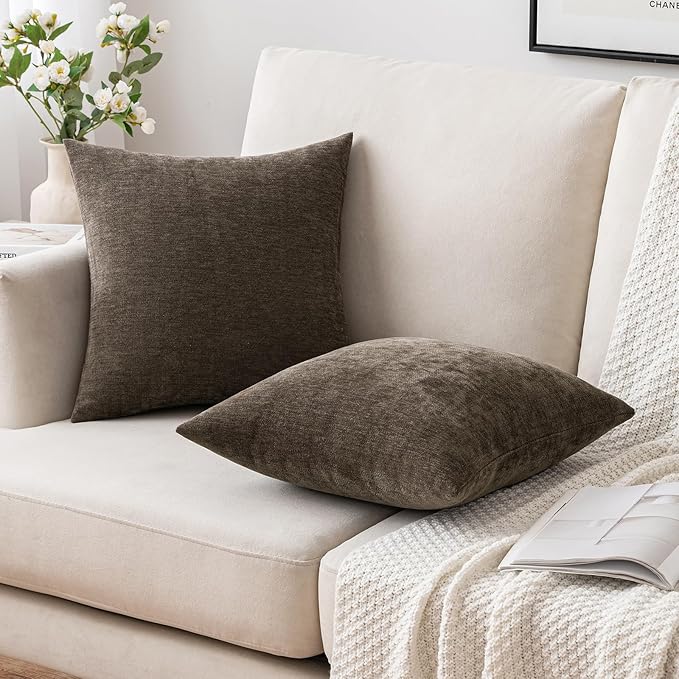 MIULEE Pack of 2 Brown Decorative Pillow Covers 20X20 Inch Soft Chenille Couch Throw Pillows Farmhouse Cushion Covers for Home Decor Sofa Bedroom Living Room