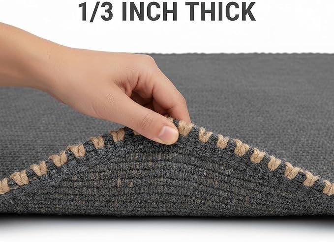 Charcoal Gray 3x5 Jute Rug Braided Construction - Farmhouse Woven Carpet - Mid-Century Modern Floor Covering for Bedside, 3' x 5'