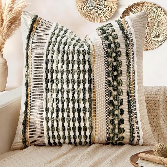 ANRODUO Pack of 1 Boho Decorative Throw Pillow Covers 18x18 Farmhouse Cushion Case Striped Chenille Pillow Cases Square Pillow Covers Accent Neutral Pillowcase for Sofa Couch Bed, Olive Green Stripe