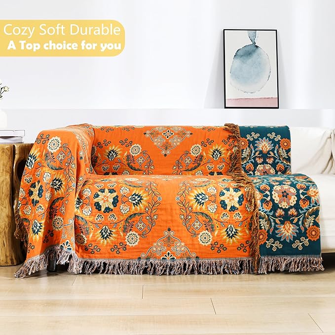 100% Cotton Throw Blanket, Muslin Breathable Soft Bed Quilt Orange Throw - Bohemian Floral Farmhouse Decor Blanket for Sofa Couch Chair and Gift. 50" x 60"