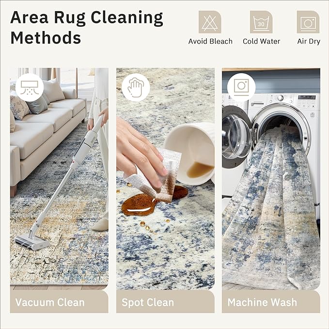 6x9 Abstract Area Rugs for Living Room 6 x 9 Washable Non Slip Low Pile Gray Rugs for Bedroom Dining Room Foldable Thin Blue Yellow