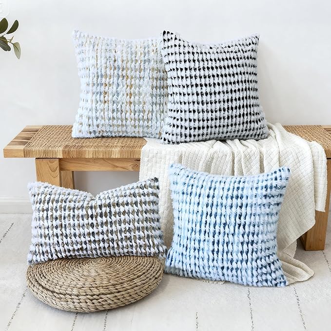 Boho Chenille Tufted Pillow Cover 18x18 Inch Set of 1, Farmhouse Striped Decorative Pillow Covers Accent Fluffy Neutral Square Pillowcases for Couch Sofa Bedroom Living Room, Blue White