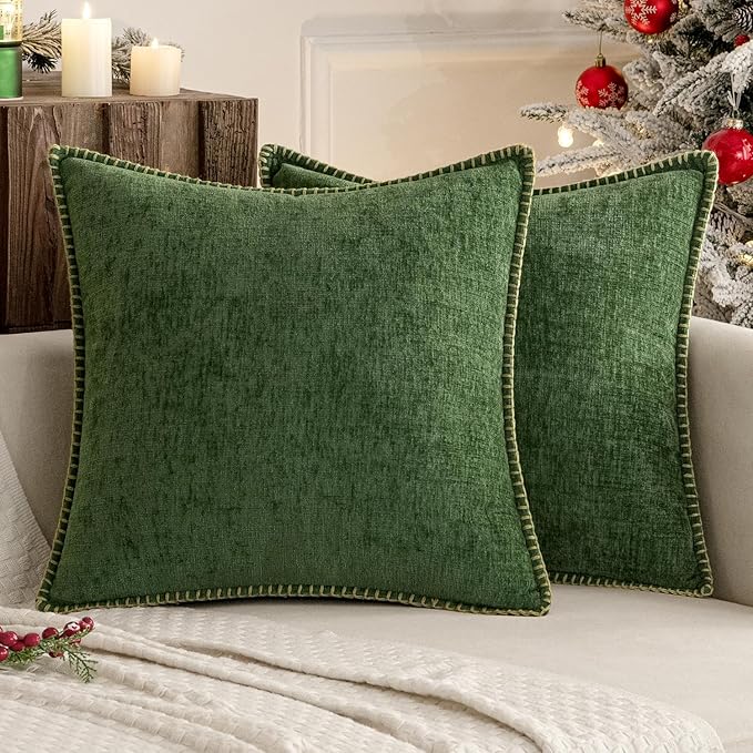 MIULEE Pack of 2 Christmas Pillow Covers 26x26 Inch Moss Green Farmhouse Decorative Throw Pillow Covers with Stitched Edge Soft Chenille Solid Dyed Couch Pillow Covers for Sofa Bed Living Room