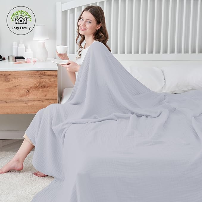 Cosy Family 6 Layer Muslin Bed Blanket - Breathable and Lightweight Gauze Boho Blanket for Spring, Soft 100% Cotton Muslin, Slate, 80x90 Inches