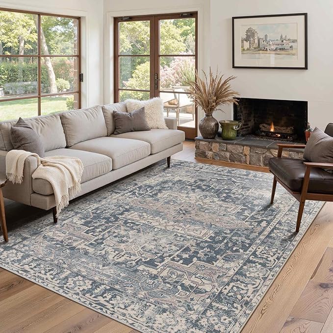 4x6 Rug for Living Room Bedroom, Blue Washable Throw Rugs, Vintage Retro Boho Area Rugs, Non Slip & Low Pile Accent Throw Carpet for Indoor Dining Room, Kids Room and Office(Blue 4x6ft)