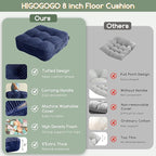 HIGOGOGO 8" Extra Thick Floor Pillow Cushion for Adults, Meditation Cushion Pillow, Large Square Floor Sitting, Tufted Corduroy Cover, for Tatami Living Room or Yoga, 22x22 Inch, Navy