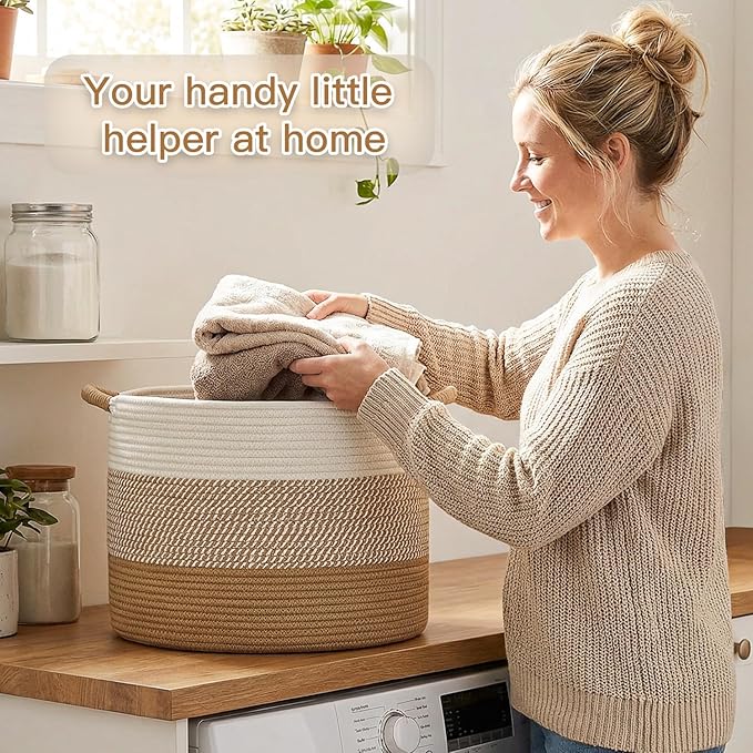 100L Large Cotton Rope Basket, Decorative Woven Blanket Storage for Living Room, Boho Toy Storage & Toy Box for Kids, Versatile Laundry Basket & Nursery Hamper for Blankets(Brown)