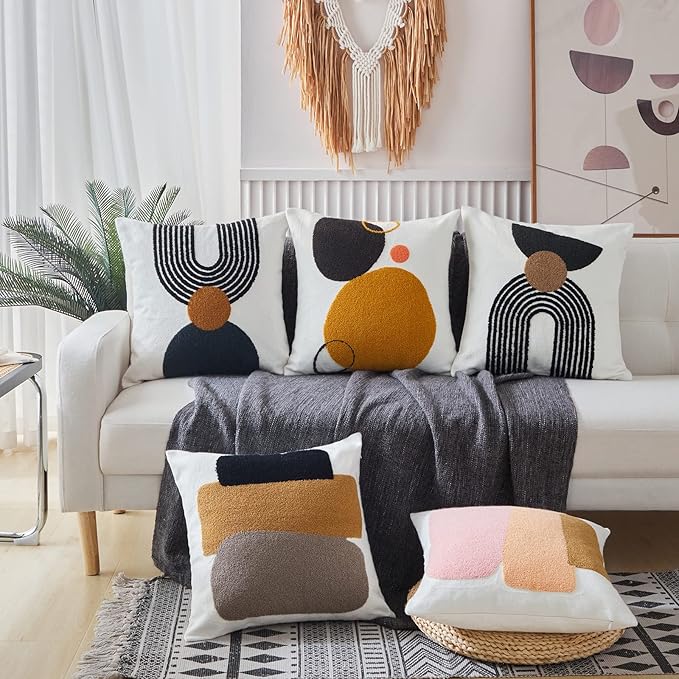 Boho Stylish Accent Throw Pillow Covers 18x18 Tribe Modern Round Arched Geometric Decorative Abstract Pillowcase for Bed Couch Living Room,1 PC,Tan and Black