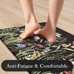 KIMODE Anti Fatigue Mats for Kitchen Floor 17"x47"+17"x29", Farmhouse Floral Kitchen Rugs Sets of 2, Cushioned Kitchen Floor Mats, Non Slip Standing Mat for Sink, Laundry, Office, Desk Black