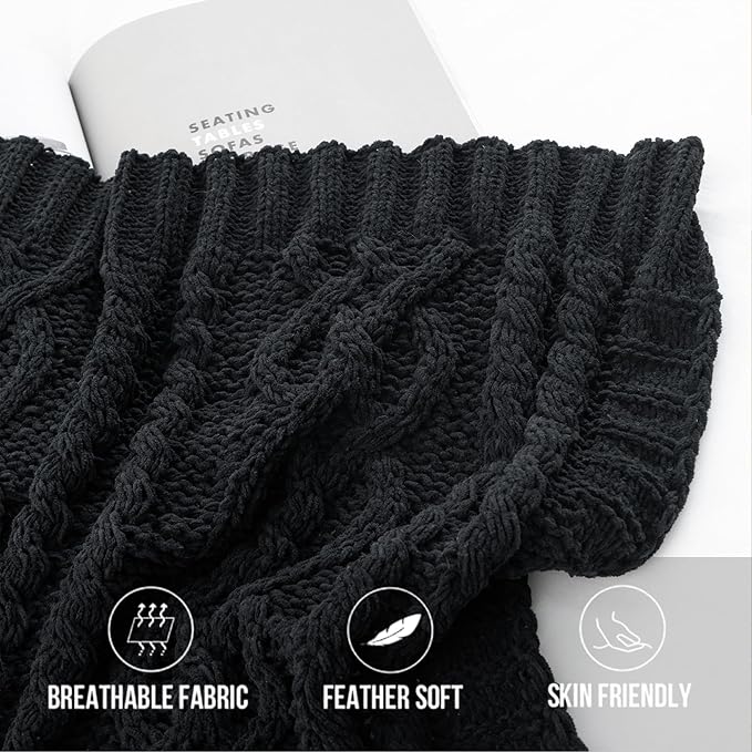 Battilo Black Throw Blanket for Couch, Cable Knit Blanket for Bed,Chair, Home Decor, Soft Cozy Woven Chenille Throw Blanket, Decorative Boho Throw Blanket, 51"x67"