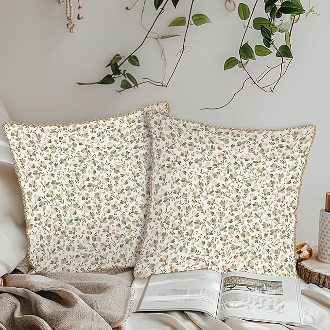 KSLIDS Sage Green Beige Floral Soft Velvet Throw Pillow Covers Set of 2 Vintage Brown Flower Decorative Pillow Covers 16x16 Inch Rustic Pillow Case for Sofa Couch Bedroom Farmhouse Home Decor
