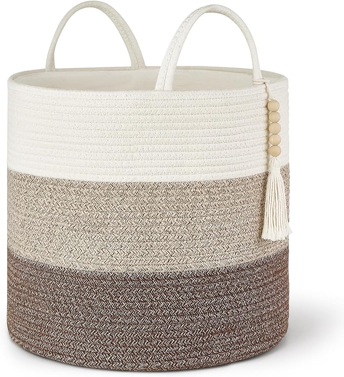 Mkono Woven Storage Basket Decorative Natural Rope Basket Wooden Bead Decoration for Blankets,Toys,Clothes,Shoes,Plant Organizer Bin with Handles Living Room Home Decor, 16"W × 13.8"L