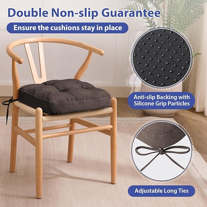 Chair Cushions for Dining Chairs, Dining Chair Cushions, Tufted Indoor Chair Pads with Ties & Non Slip Backing, Seat Cushions for Kitchen Chairs 16.5” x 16.5” x 3.5”, Set of 6, Brown