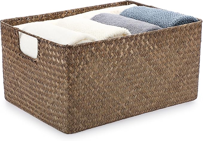 Hipiwe Seagrass Storage Baskets Bin for Shelf Organizing Rectangular Wicker Basket with Handle Handwoven Opened Baskets Bin Decorative Basket Box for Closet Bedroom Organizer