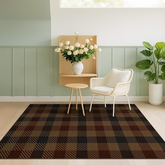 Neutral 4x6 Area Rug for Indoor Entrance - Easy Jute Brown and Red Checkered Rug for Large Entryway, Small Living Room, Stain Resistant Low Pile Retro Vintage Dark Décor