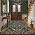 Vintage Floral Area Rug 5x7 for Living Room - Dark Green Forest Bird Rugs for Bedroom, Dining Room, Office, Non Slip Stain Resistant Low Pile
