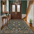 Vintage Floral Area Rug 5x7 for Living Room - Dark Green Forest Bird Rugs for Bedroom, Dining Room, Office, Non Slip Stain Resistant Low Pile