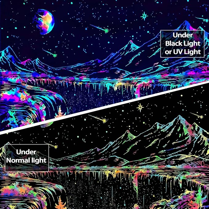 Zussun Blacklight Mountain Tapestry Starry Night Tapestries for Bedroom Aesthetic Moon and Stars Tapastry Wall Hanging Glow in The Dark Nature Forest Wall Tapestry for Living Room Dorm (60'' × 44'')