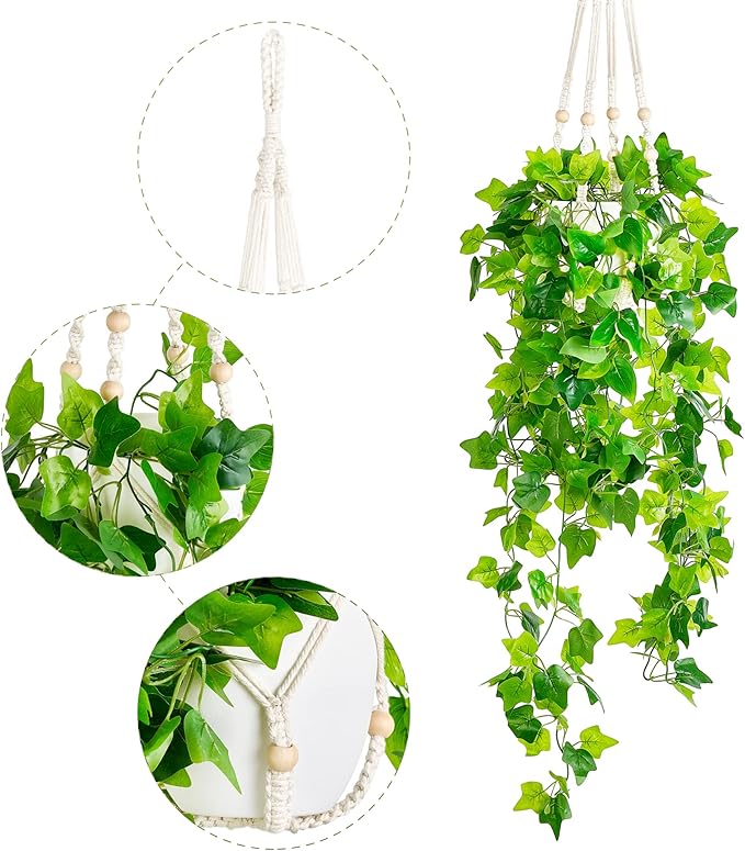 Dahey Fake Hanging Plants Artificial Decor Macrame Hanger with Artificial Vines in Pots Greenery for Wall Ceiling Bedroom Bathroom Indoor Home Decor, 1 Pack